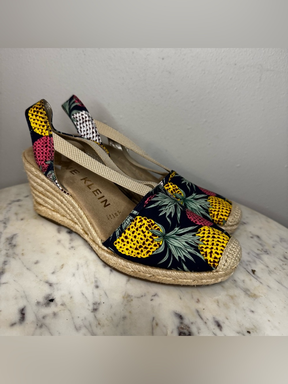 Anne Klein Sandals Size 6 M pineapple print shoes Canvas Upper rope wedges